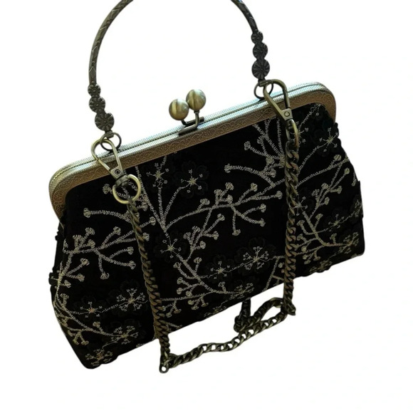 Evening Floral Top Handle Shoulder Handbag Black Gold Chain Vintage Look - Picture 6 of 11